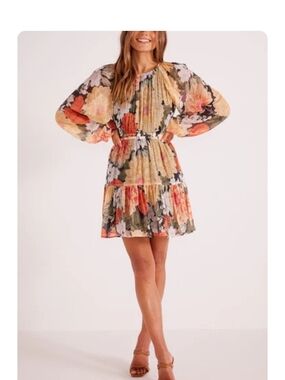 MINKPINK Floral Pleated Balloon-Sleeve Mini Dress - Yellow & Coral
